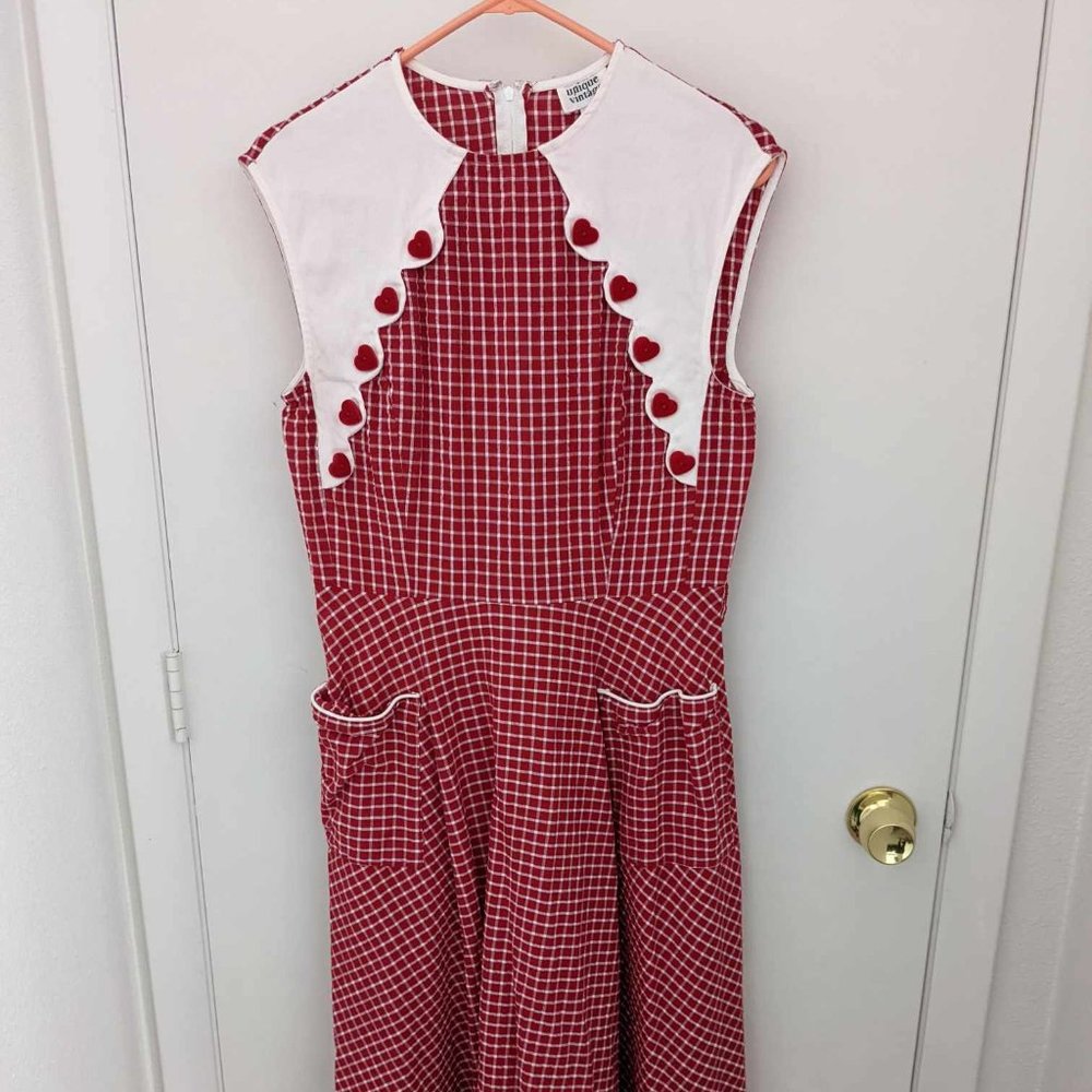 Unique Vintage Red & White Gingham Tully Swing Dress